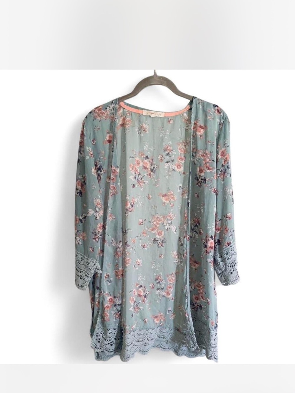 Floral Lace Hem Sheer Kimono Cardigan in Mint green &  Pink